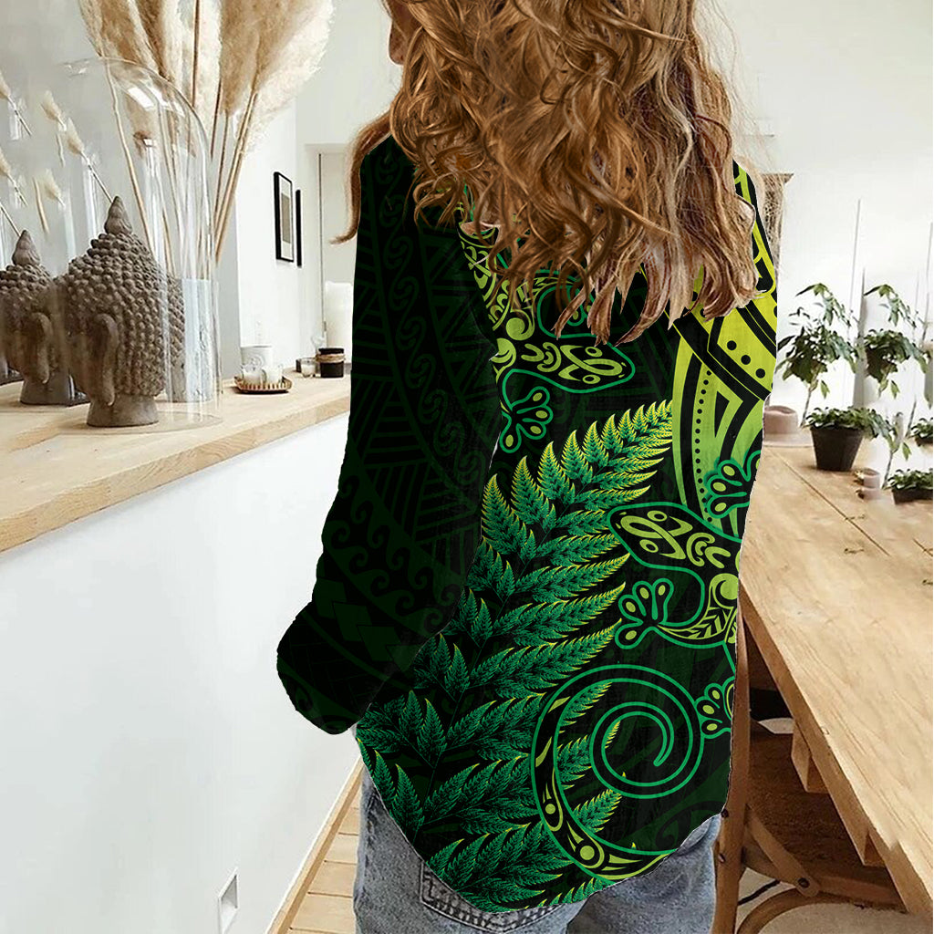New Zealand Lizard Women Casual Shirt Silver Fern Aotearoa Maori Green Version LT14 - Polynesian Pride