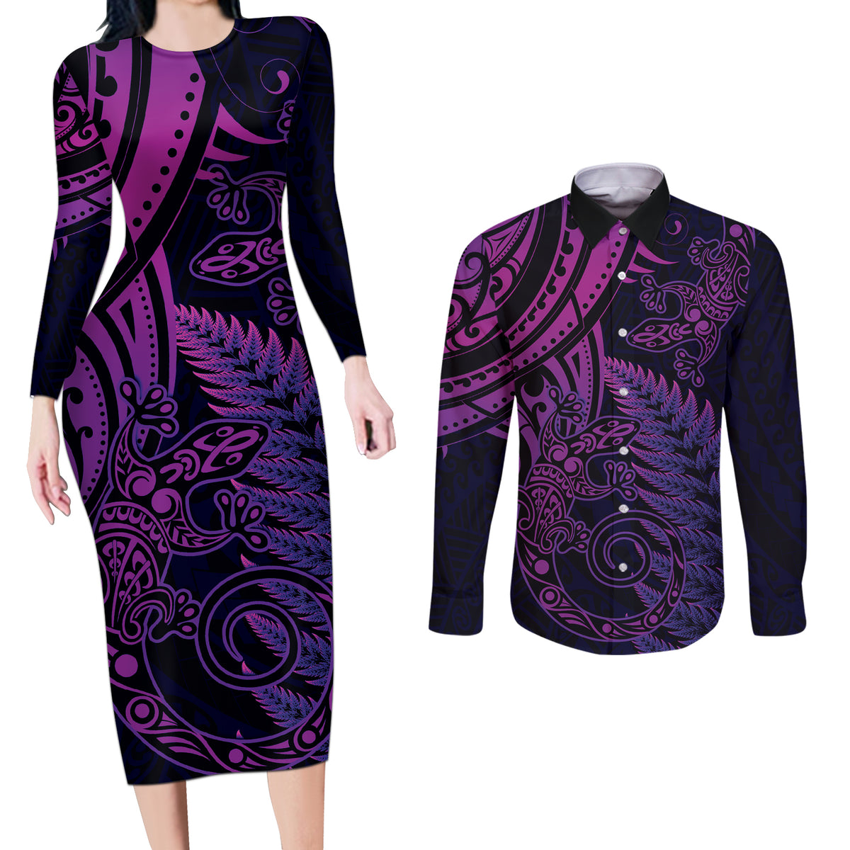 New Zealand Lizard Couples Matching Long Sleeve Bodycon Dress and Long Sleeve Button Shirt Silver Fern Aotearoa Maori Purple Version LT14 Purple - Polynesian Pride
