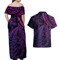 New Zealand Lizard Couples Matching Off Shoulder Maxi Dress and Hawaiian Shirt Silver Fern Aotearoa Maori Purple Version LT14 - Polynesian Pride