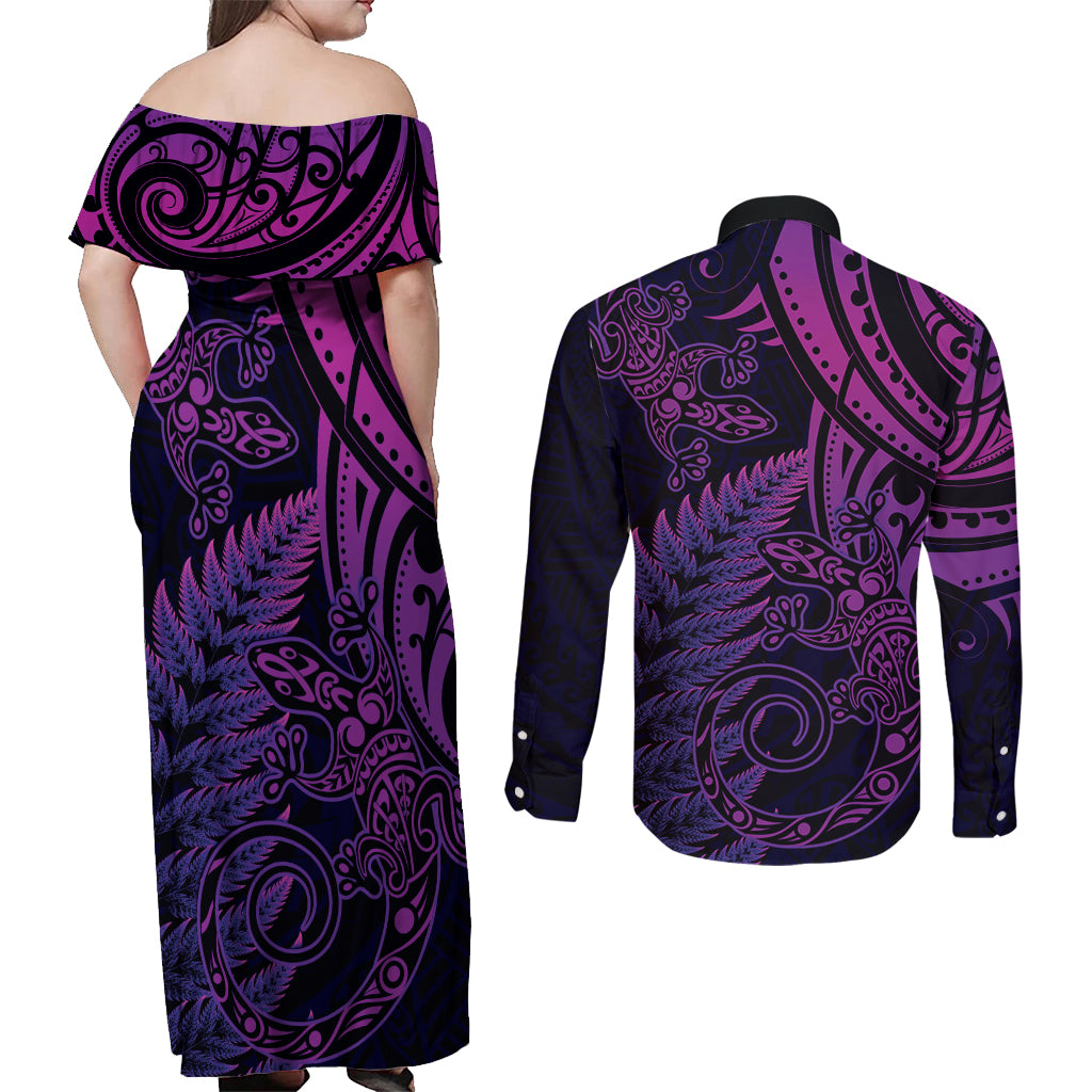 New Zealand Lizard Couples Matching Off Shoulder Maxi Dress and Long Sleeve Button Shirt Silver Fern Aotearoa Maori Purple Version LT14 - Polynesian Pride