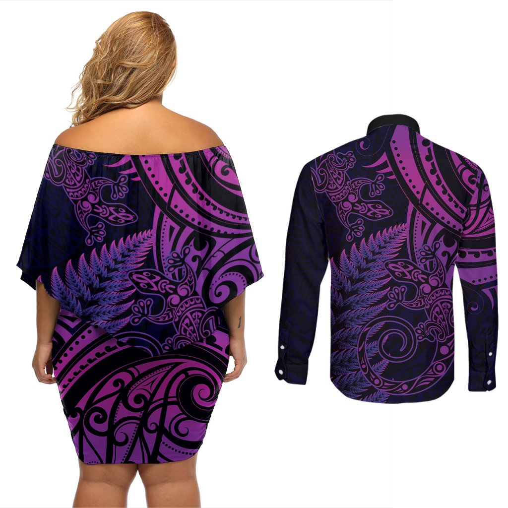 New Zealand Lizard Couples Matching Off Shoulder Short Dress and Long Sleeve Button Shirt Silver Fern Aotearoa Maori Purple Version LT14 - Polynesian Pride