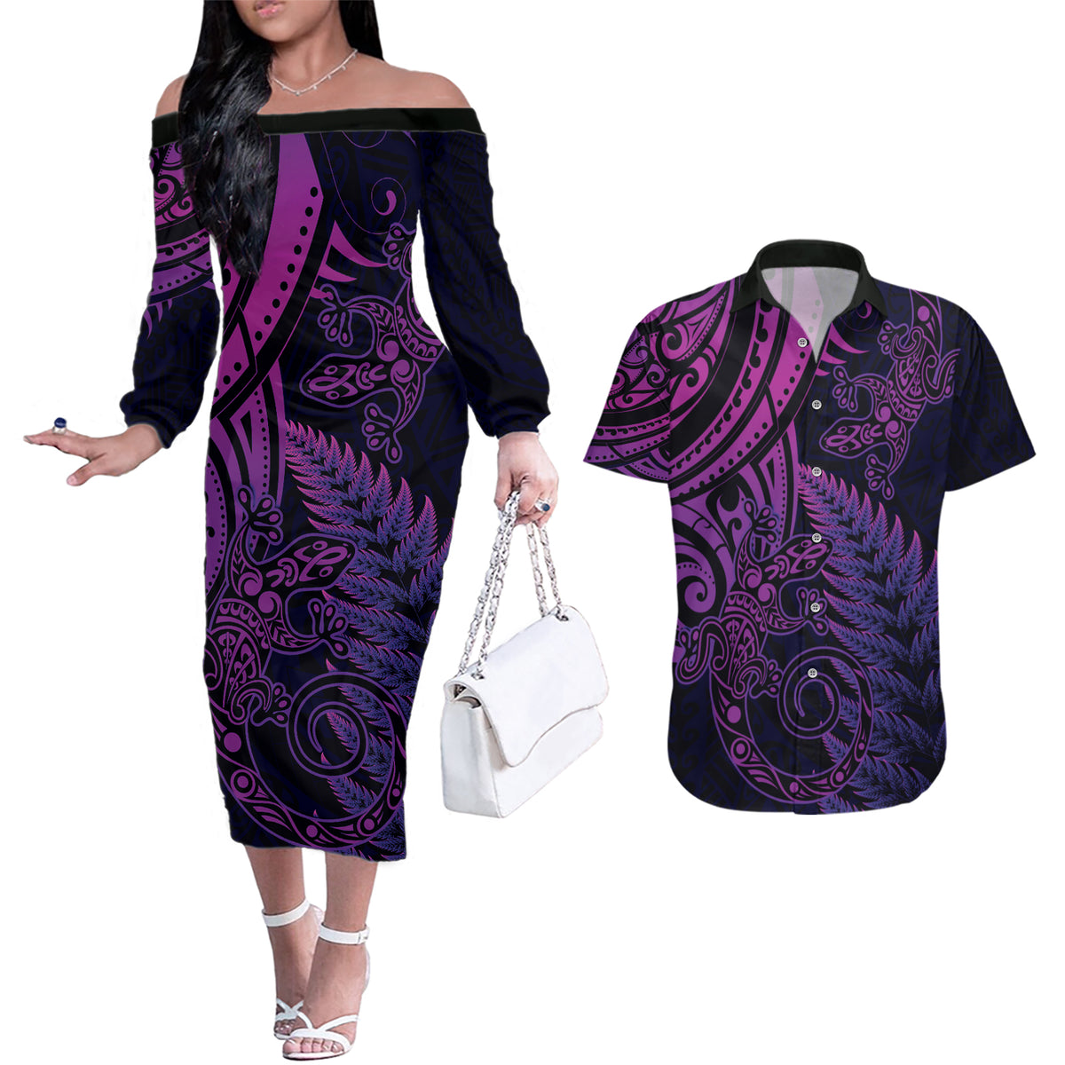 New Zealand Lizard Couples Matching Off The Shoulder Long Sleeve Dress and Hawaiian Shirt Silver Fern Aotearoa Maori Purple Version LT14 Purple - Polynesian Pride