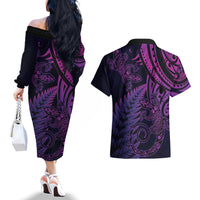 New Zealand Lizard Couples Matching Off The Shoulder Long Sleeve Dress and Hawaiian Shirt Silver Fern Aotearoa Maori Purple Version LT14 - Polynesian Pride