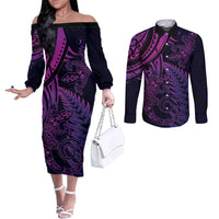 New Zealand Lizard Couples Matching Off The Shoulder Long Sleeve Dress and Long Sleeve Button Shirt Silver Fern Aotearoa Maori Purple Version LT14 Purple - Polynesian Pride