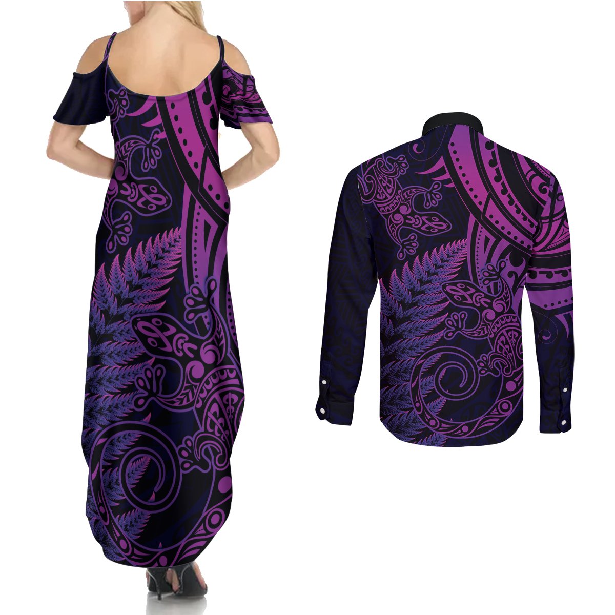 New Zealand Lizard Couples Matching Summer Maxi Dress and Long Sleeve Button Shirt Silver Fern Aotearoa Maori Purple Version LT14 - Polynesian Pride