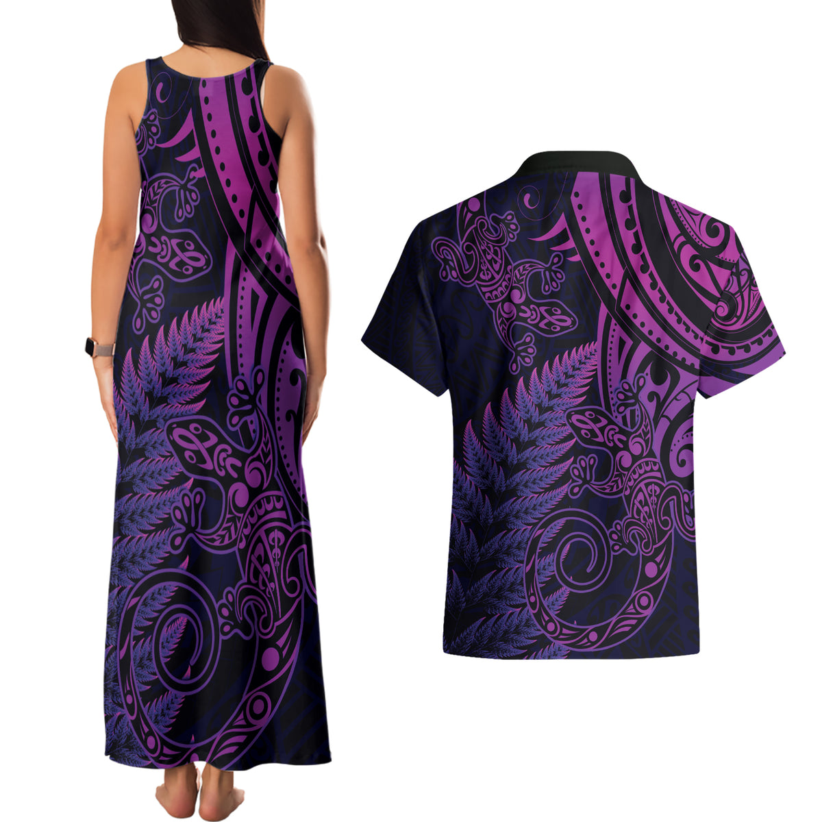 New Zealand Lizard Couples Matching Tank Maxi Dress and Hawaiian Shirt Silver Fern Aotearoa Maori Purple Version LT14 - Polynesian Pride