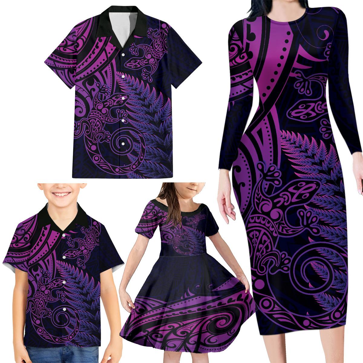 New Zealand Lizard Family Matching Long Sleeve Bodycon Dress and Hawaiian Shirt Silver Fern Aotearoa Maori Purple Version LT14 - Polynesian Pride