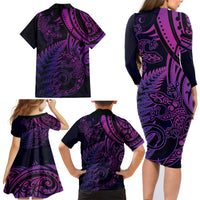 New Zealand Lizard Family Matching Long Sleeve Bodycon Dress and Hawaiian Shirt Silver Fern Aotearoa Maori Purple Version LT14 - Polynesian Pride