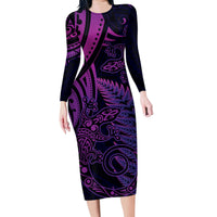 New Zealand Lizard Family Matching Long Sleeve Bodycon Dress and Hawaiian Shirt Silver Fern Aotearoa Maori Purple Version LT14 Mom's Dress Purple - Polynesian Pride