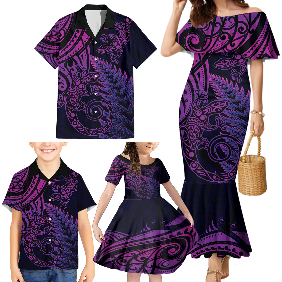 New Zealand Lizard Family Matching Mermaid Dress and Hawaiian Shirt Silver Fern Aotearoa Maori Purple Version LT14 - Polynesian Pride