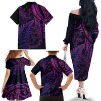New Zealand Lizard Family Matching Off The Shoulder Long Sleeve Dress and Hawaiian Shirt Silver Fern Aotearoa Maori Purple Version LT14 - Polynesian Pride