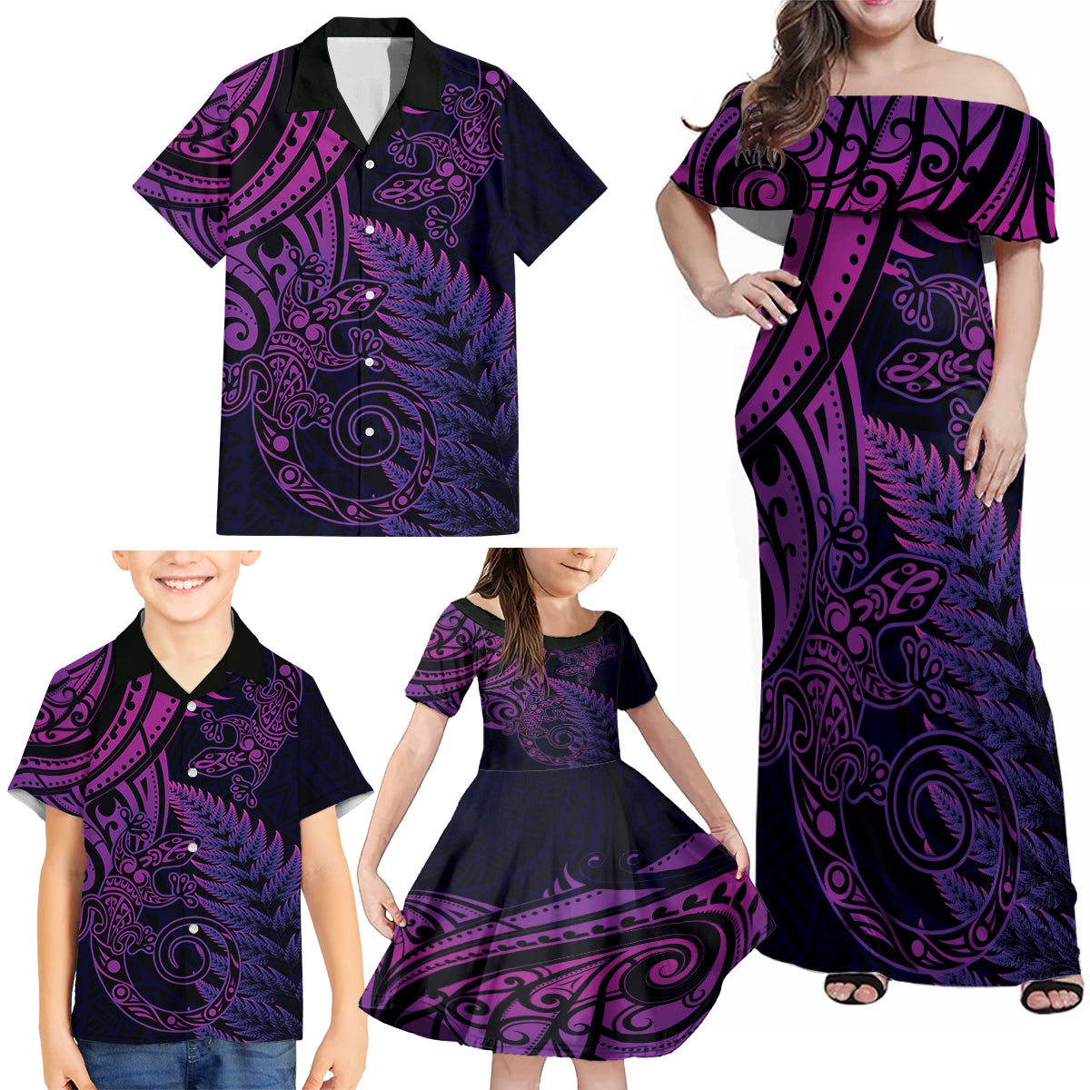 New Zealand Lizard Family Matching Off Shoulder Maxi Dress and Hawaiian Shirt Silver Fern Aotearoa Maori Purple Version LT14 - Polynesian Pride
