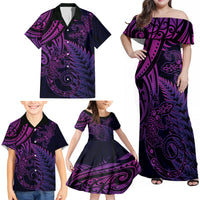 New Zealand Lizard Family Matching Off Shoulder Maxi Dress and Hawaiian Shirt Silver Fern Aotearoa Maori Purple Version LT14 - Polynesian Pride