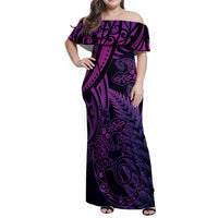 New Zealand Lizard Family Matching Off Shoulder Maxi Dress and Hawaiian Shirt Silver Fern Aotearoa Maori Purple Version LT14 Mom's Dress Purple - Polynesian Pride