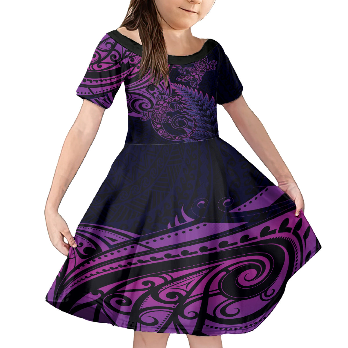 New Zealand Lizard Family Matching Off Shoulder Short Dress and Hawaiian Shirt Silver Fern Aotearoa Maori Purple Version LT14 Daughter's Dress Purple - Polynesian Pride