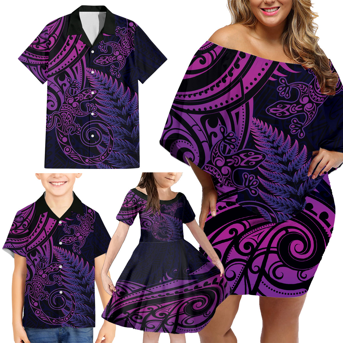 New Zealand Lizard Family Matching Off Shoulder Short Dress and Hawaiian Shirt Silver Fern Aotearoa Maori Purple Version LT14 - Polynesian Pride