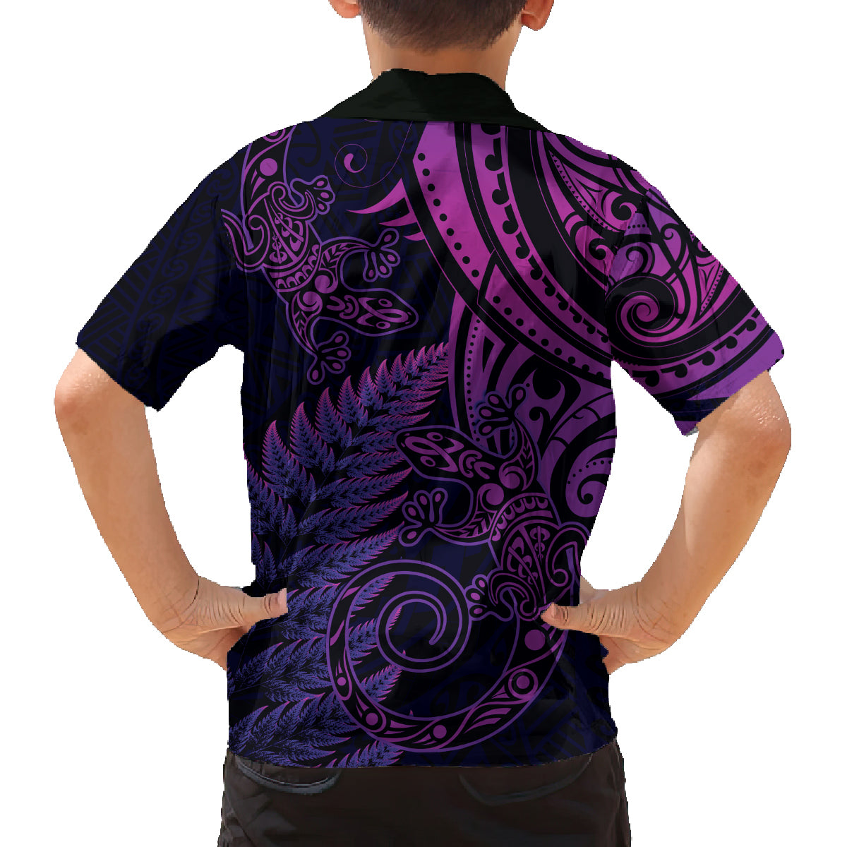 New Zealand Lizard Family Matching Puletasi and Hawaiian Shirt Silver Fern Aotearoa Maori Purple Version LT14 - Polynesian Pride