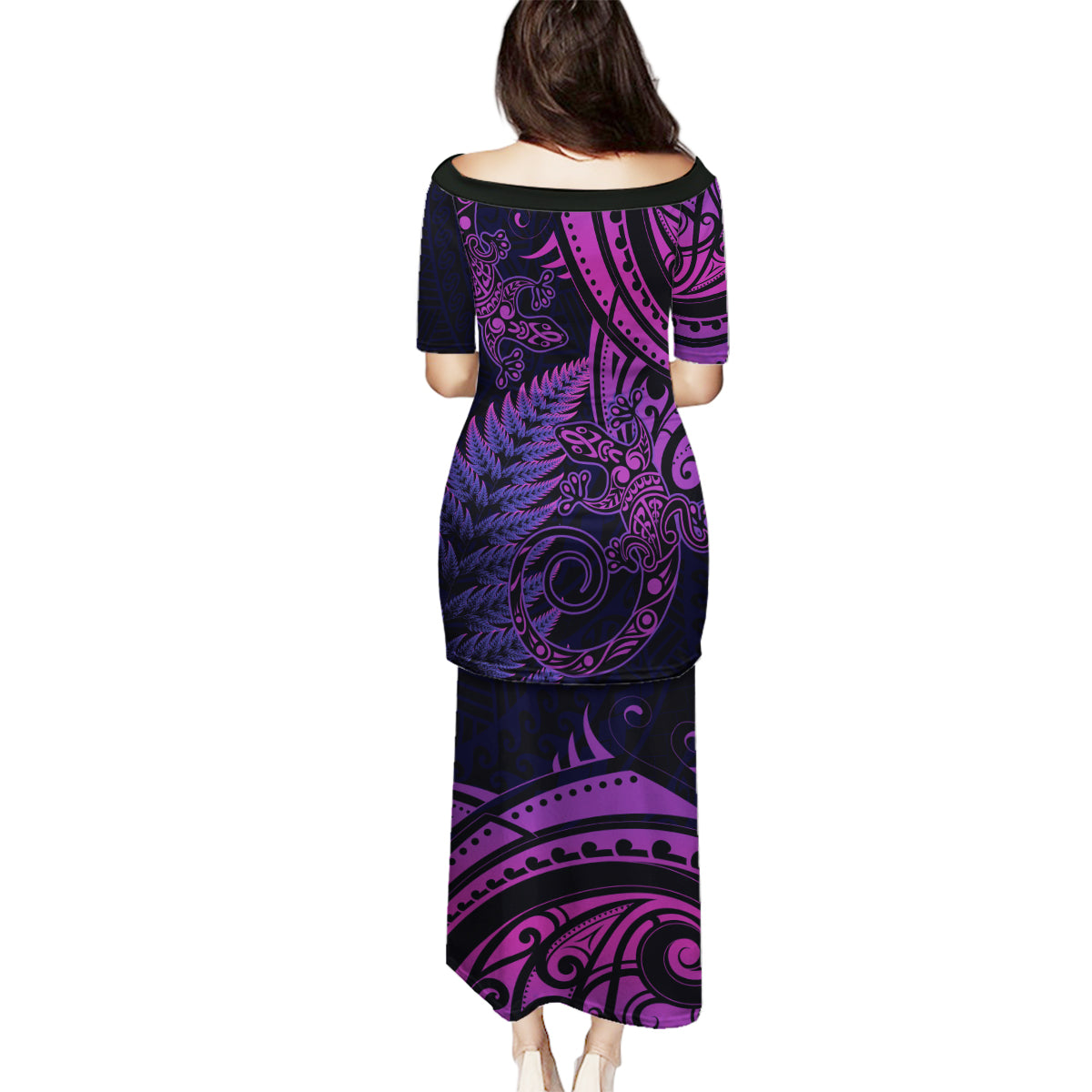 New Zealand Lizard Family Matching Puletasi and Hawaiian Shirt Silver Fern Aotearoa Maori Purple Version LT14 - Polynesian Pride
