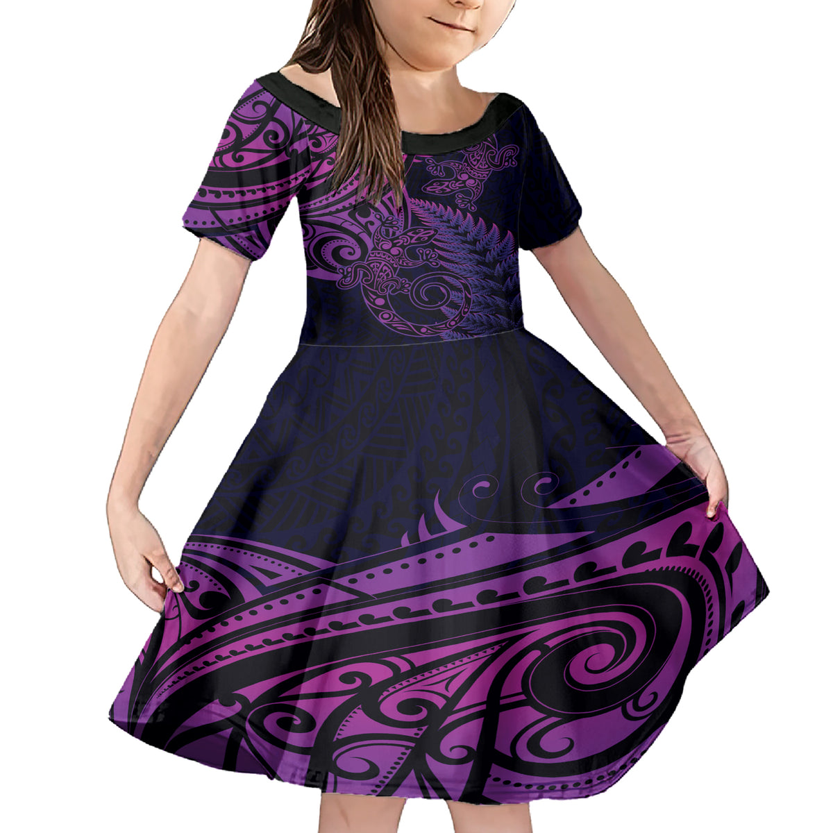 New Zealand Lizard Family Matching Short Sleeve Bodycon Dress and Hawaiian Shirt Silver Fern Aotearoa Maori Purple Version LT14 Daughter's Dress Purple - Polynesian Pride