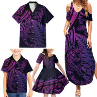 New Zealand Lizard Family Matching Summer Maxi Dress and Hawaiian Shirt Silver Fern Aotearoa Maori Purple Version LT14 - Polynesian Pride