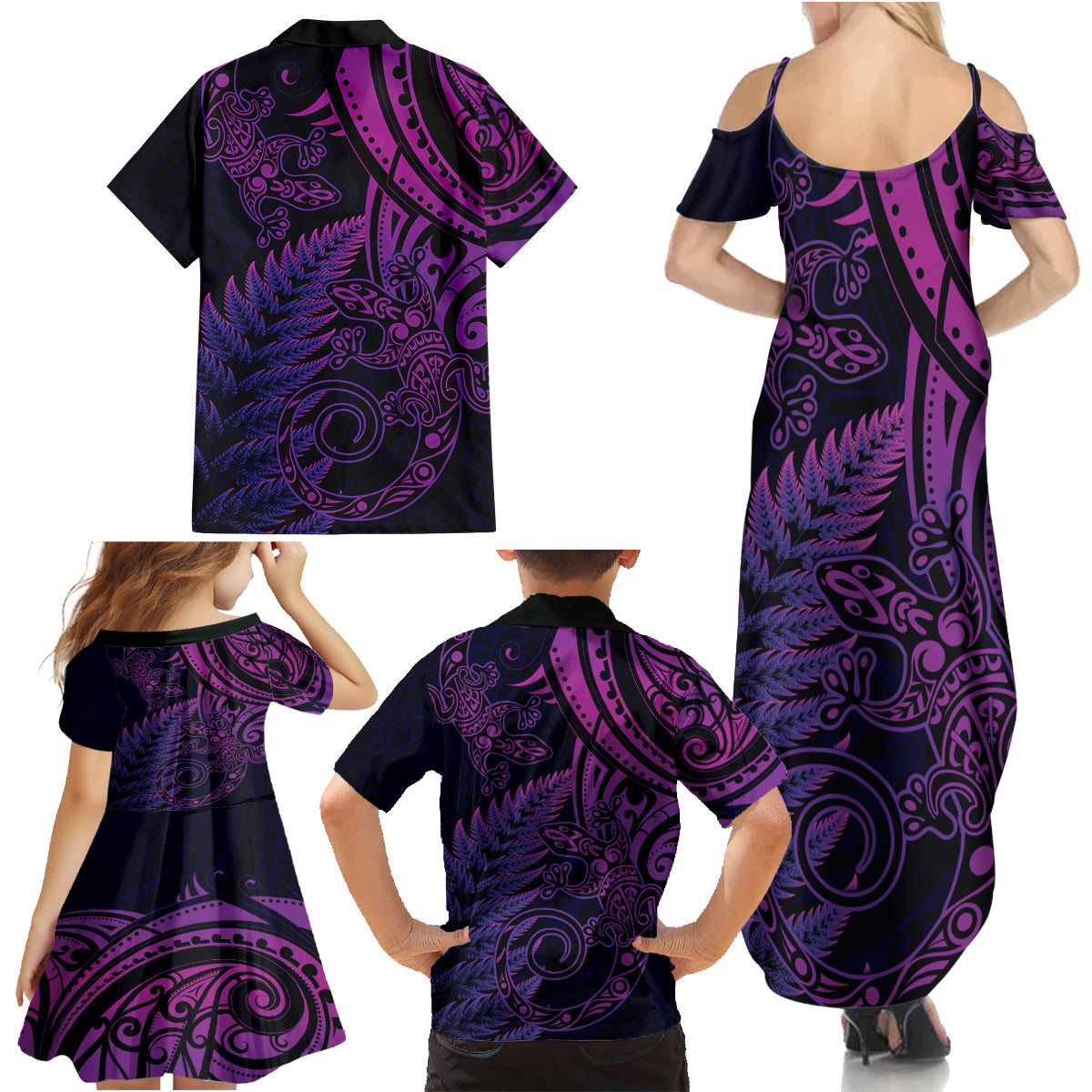 New Zealand Lizard Family Matching Summer Maxi Dress and Hawaiian Shirt Silver Fern Aotearoa Maori Purple Version LT14 - Polynesian Pride