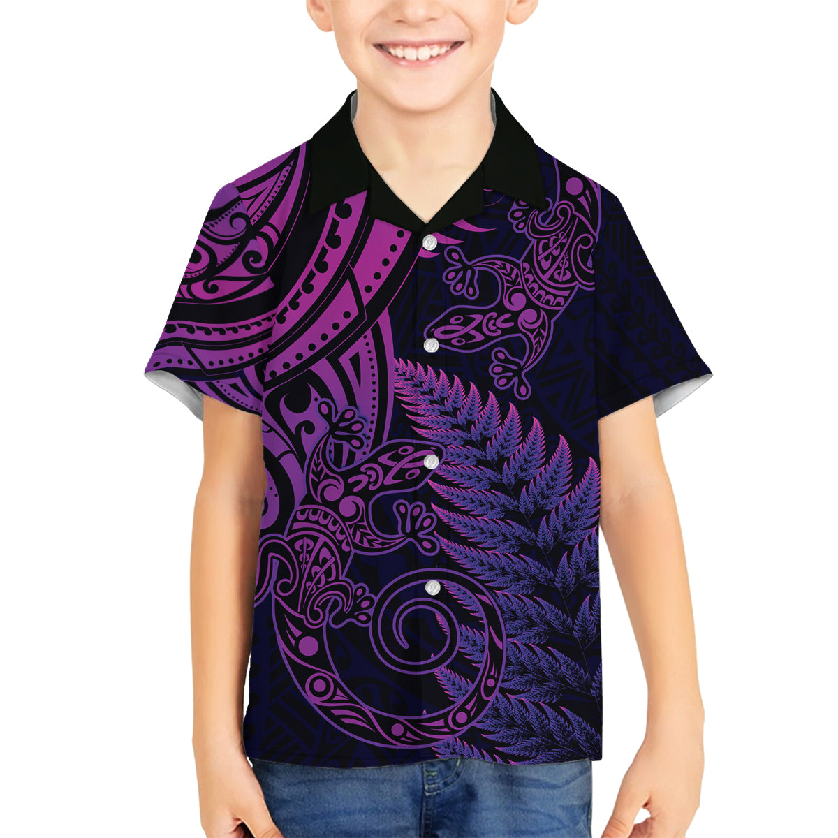 New Zealand Lizard Family Matching Summer Maxi Dress and Hawaiian Shirt Silver Fern Aotearoa Maori Purple Version LT14 Son's Shirt Purple - Polynesian Pride