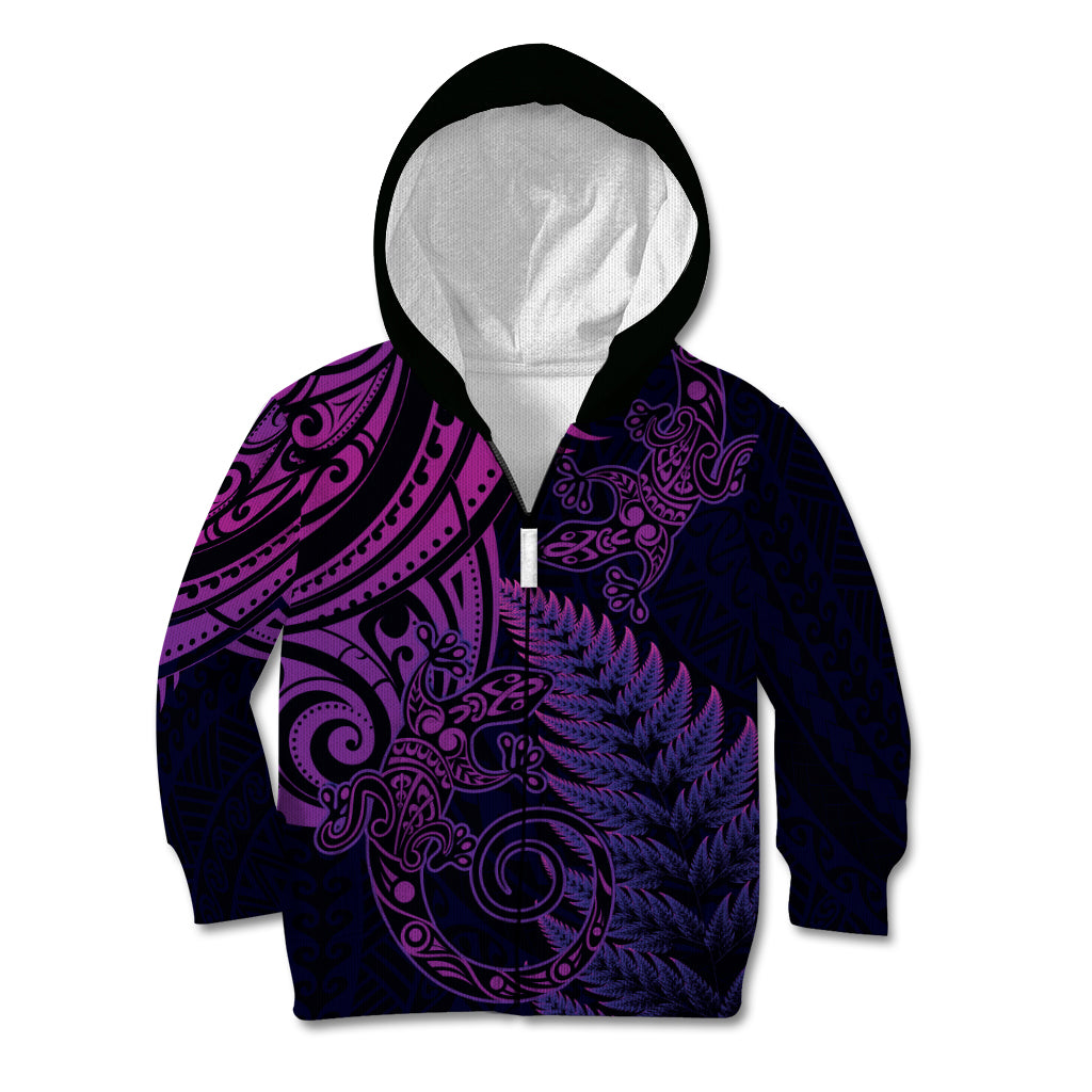 New Zealand Lizard Kid Hoodie Silver Fern Aotearoa Maori Purple Version LT14 Zip Hoodie Purple - Polynesian Pride