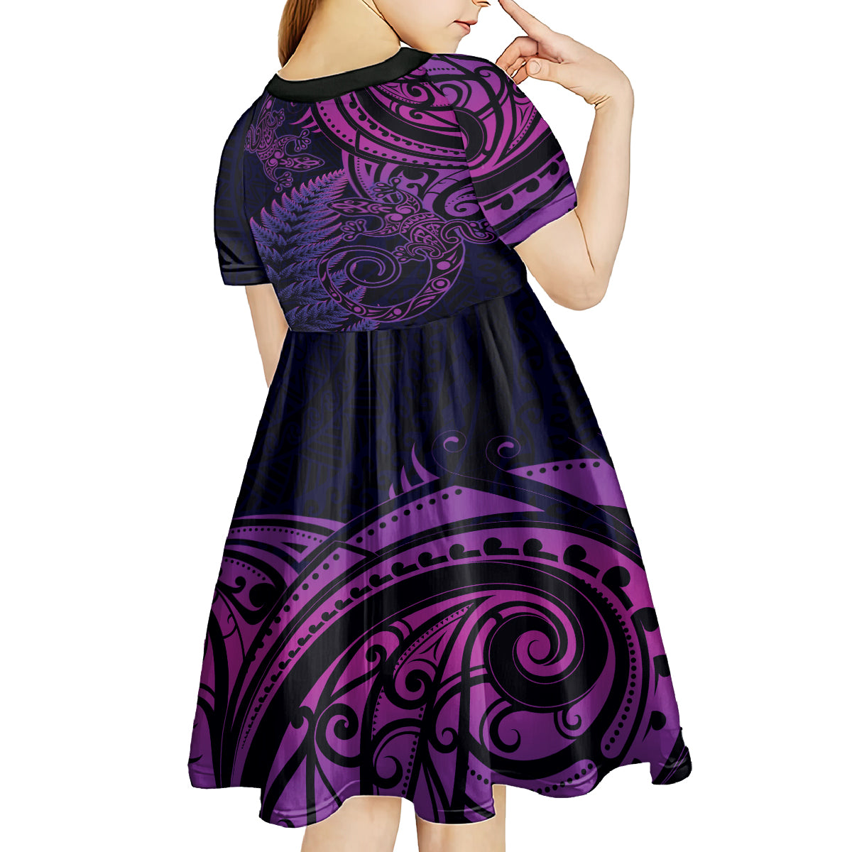 New Zealand Lizard Kid Short Sleeve Dress Silver Fern Aotearoa Maori Purple Version LT14 - Polynesian Pride