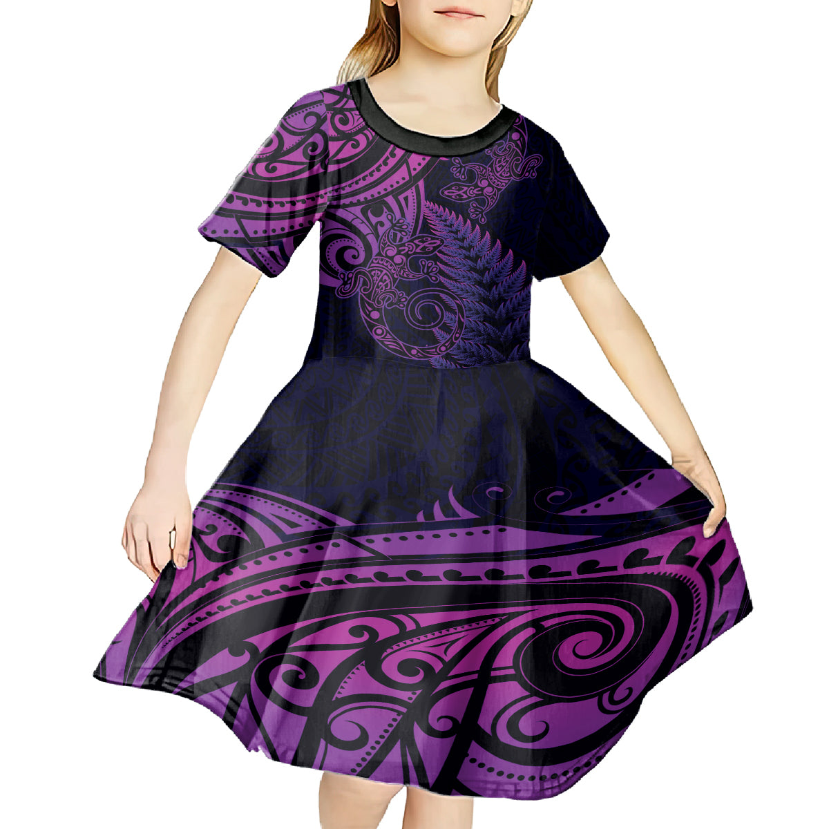 New Zealand Lizard Kid Short Sleeve Dress Silver Fern Aotearoa Maori Purple Version LT14 - Polynesian Pride
