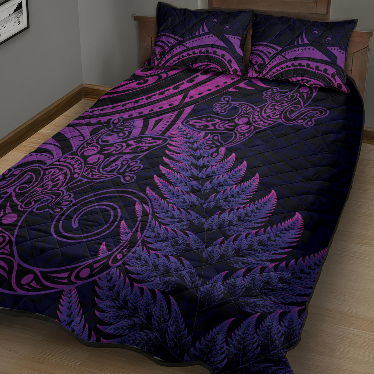 New Zealand Lizard Quilt Bed Set Silver Fern Aotearoa Maori Purple Version