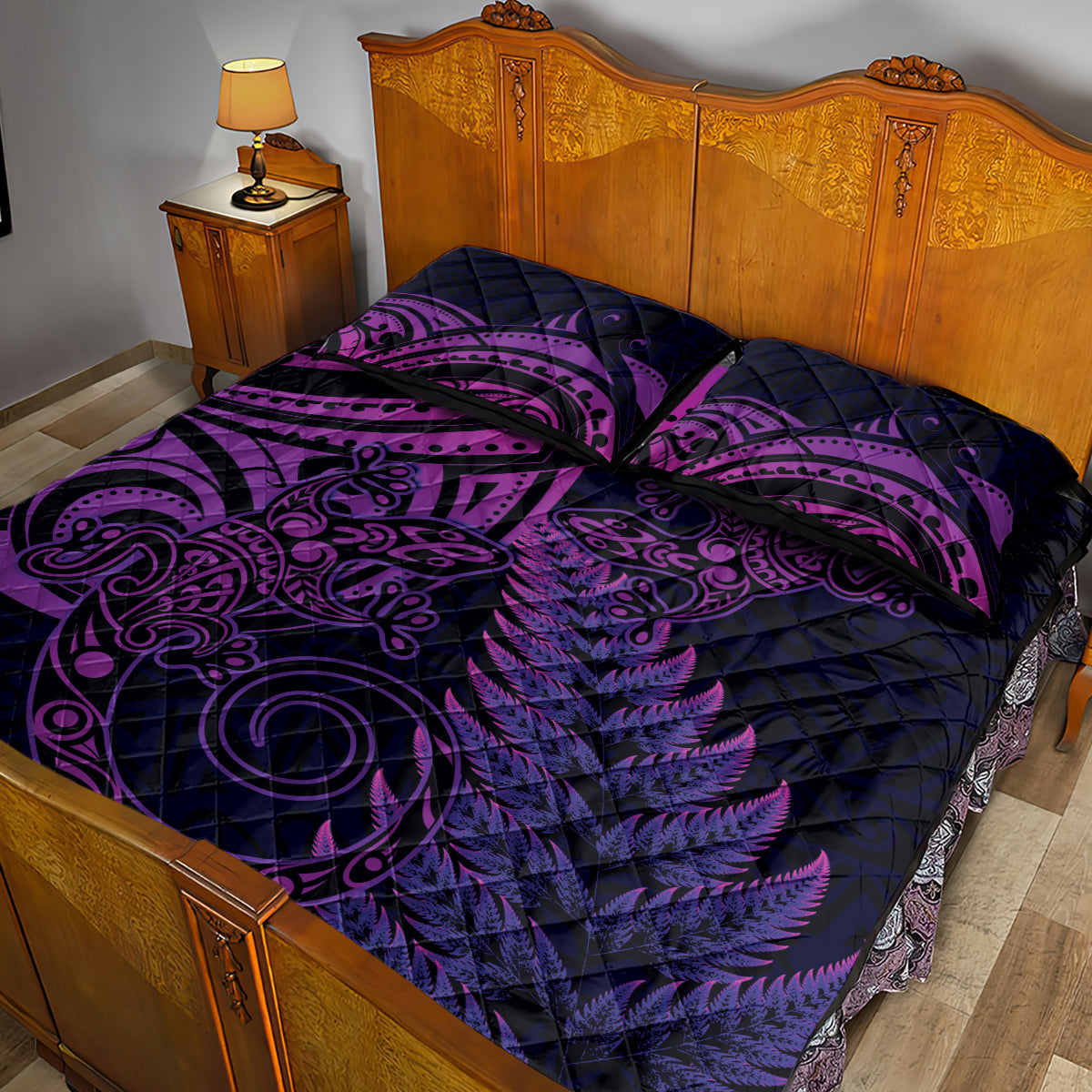 New Zealand Lizard Quilt Bed Set Silver Fern Aotearoa Maori Purple Version