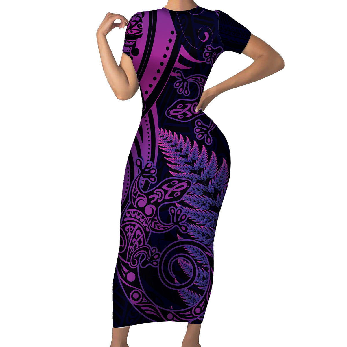 New Zealand Lizard Short Sleeve Bodycon Dress Silver Fern Aotearoa Maori Purple Version LT14 Long Dress Purple - Polynesian Pride