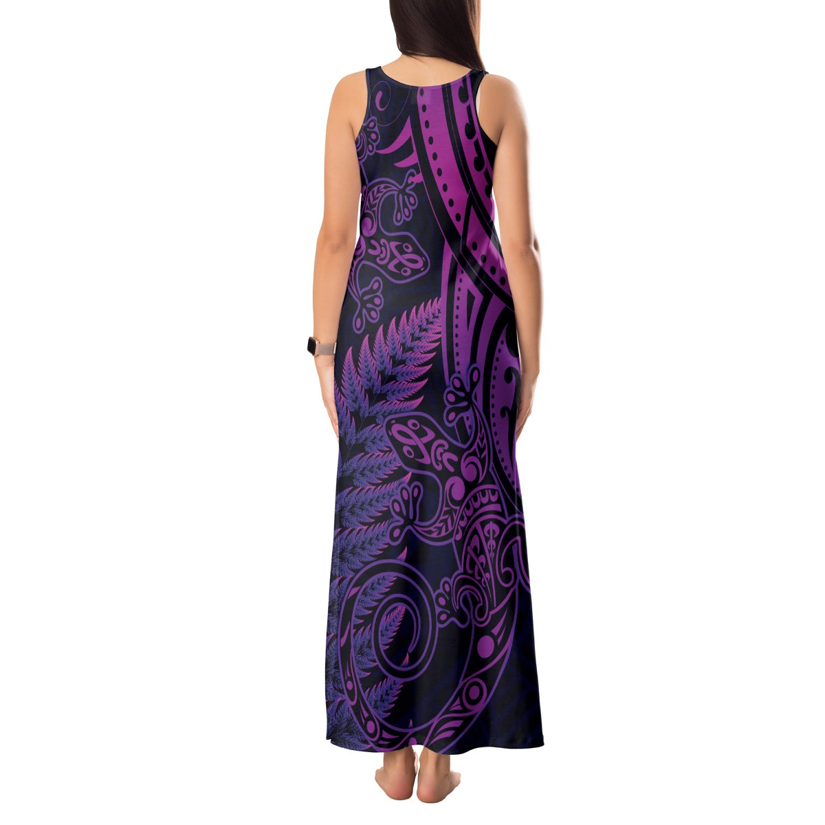 New Zealand Lizard Tank Maxi Dress Silver Fern Aotearoa Maori Purple Version LT14 - Polynesian Pride