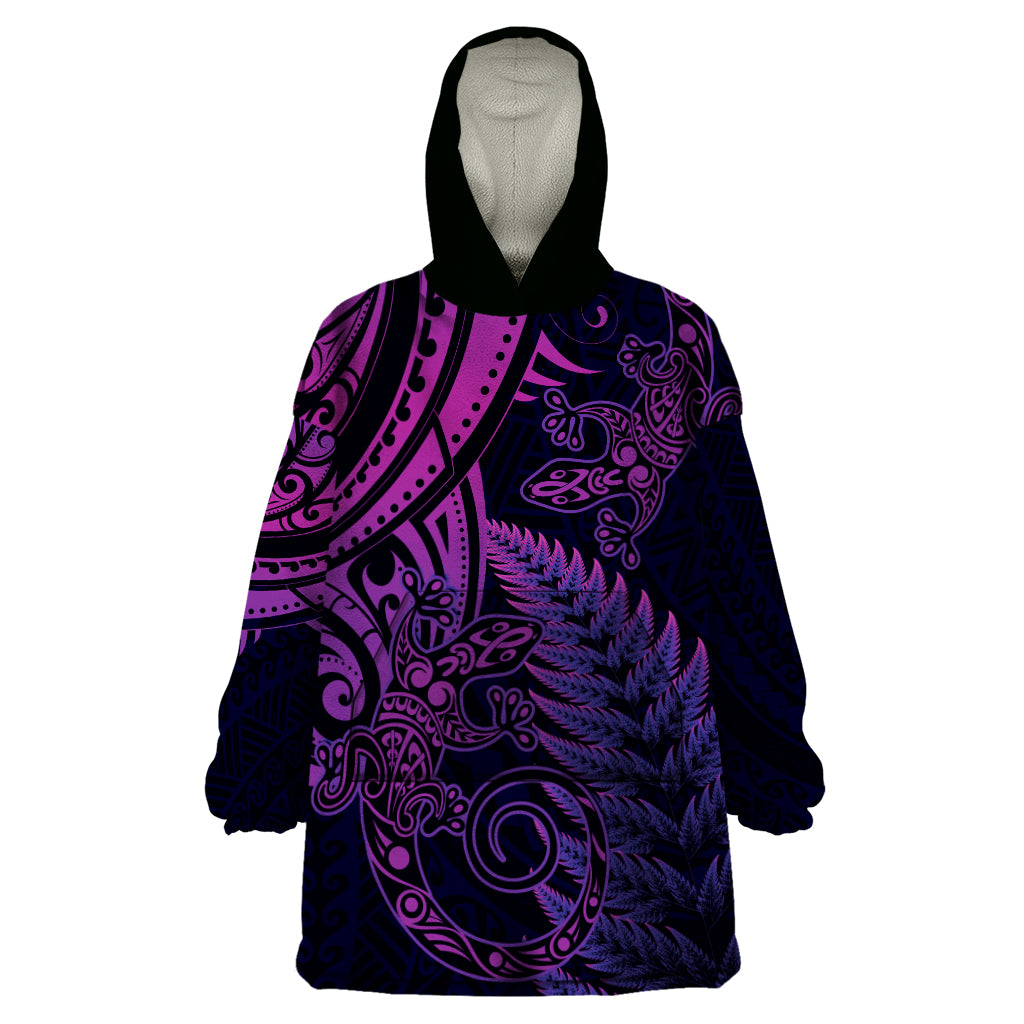 New Zealand Lizard Wearable Blanket Hoodie Silver Fern Aotearoa Maori Purple Version LT14 One Size Purple - Polynesian Pride