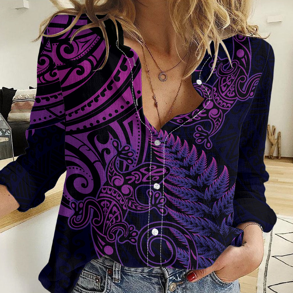 New Zealand Lizard Women Casual Shirt Silver Fern Aotearoa Maori Purple Version LT14 Female Purple - Polynesian Pride