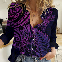 New Zealand Lizard Women Casual Shirt Silver Fern Aotearoa Maori Purple Version LT14 Female Purple - Polynesian Pride