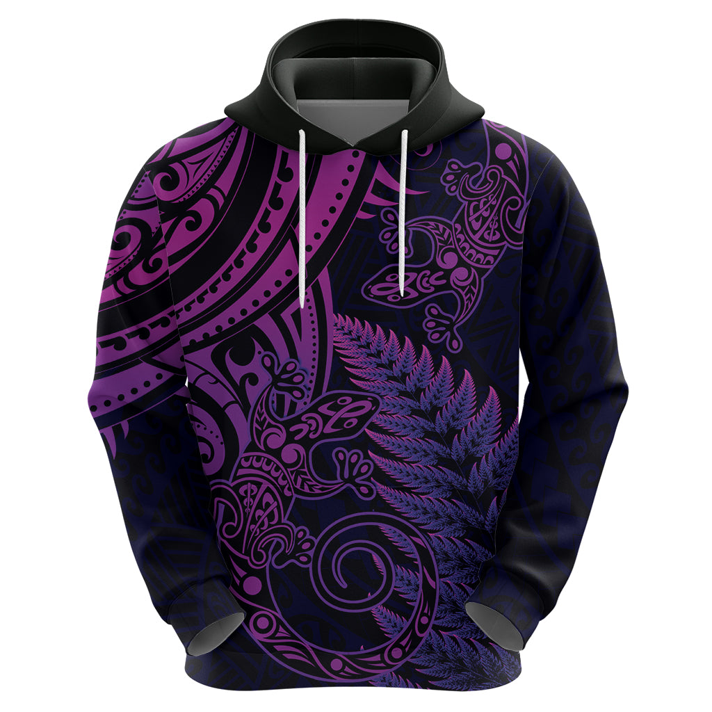 New Zealand Lizard Zip Hoodie Silver Fern Aotearoa Maori Purple Version