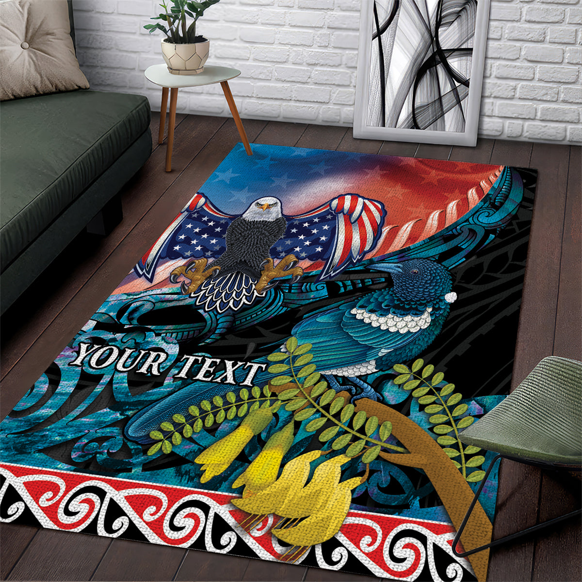 Personalised United States And New Zealand Area Rug USA Eagle With Kowhai Aotearoa Tui Bird LT14 Blue - Polynesian Pride
