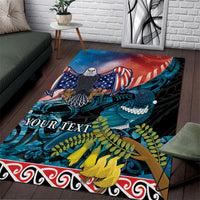 Personalised United States And New Zealand Area Rug USA Eagle With Kowhai Aotearoa Tui Bird LT14 Blue - Polynesian Pride