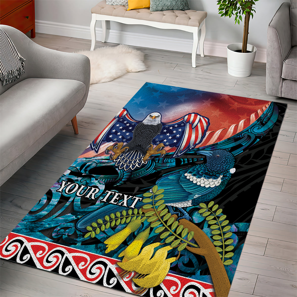 Personalised United States And New Zealand Area Rug USA Eagle With Kowhai Aotearoa Tui Bird LT14 - Polynesian Pride
