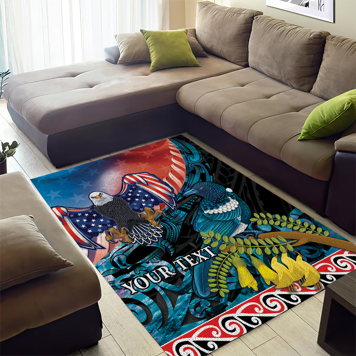 Personalised United States And New Zealand Area Rug USA Eagle With Kowhai Aotearoa Tui Bird LT14 - Polynesian Pride