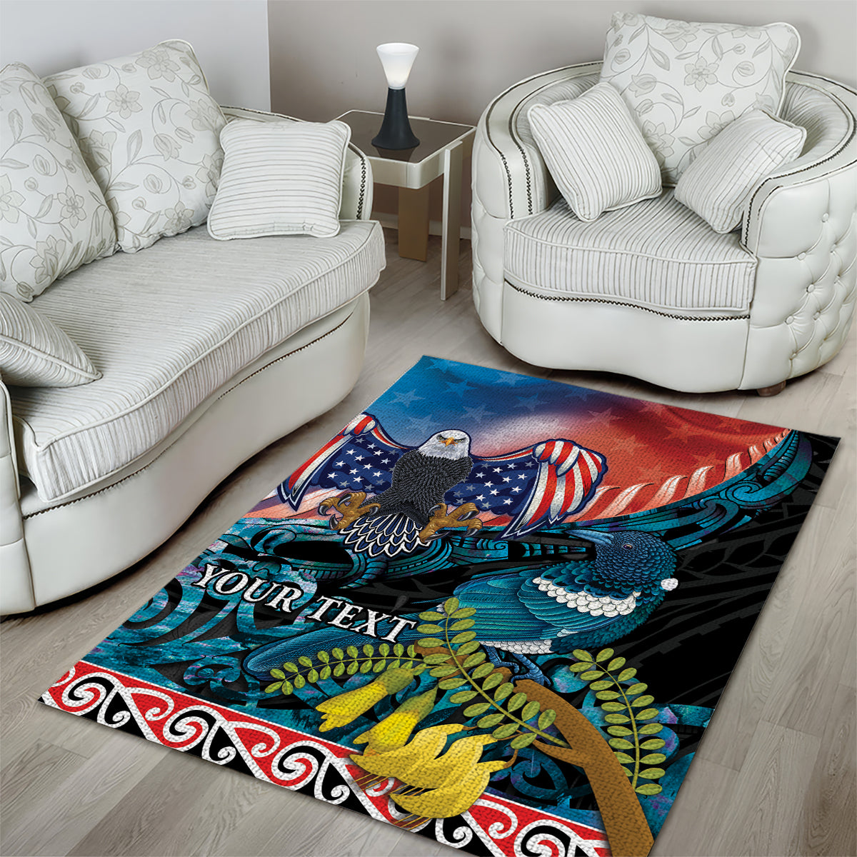 Personalised United States And New Zealand Area Rug USA Eagle With Kowhai Aotearoa Tui Bird LT14 - Polynesian Pride
