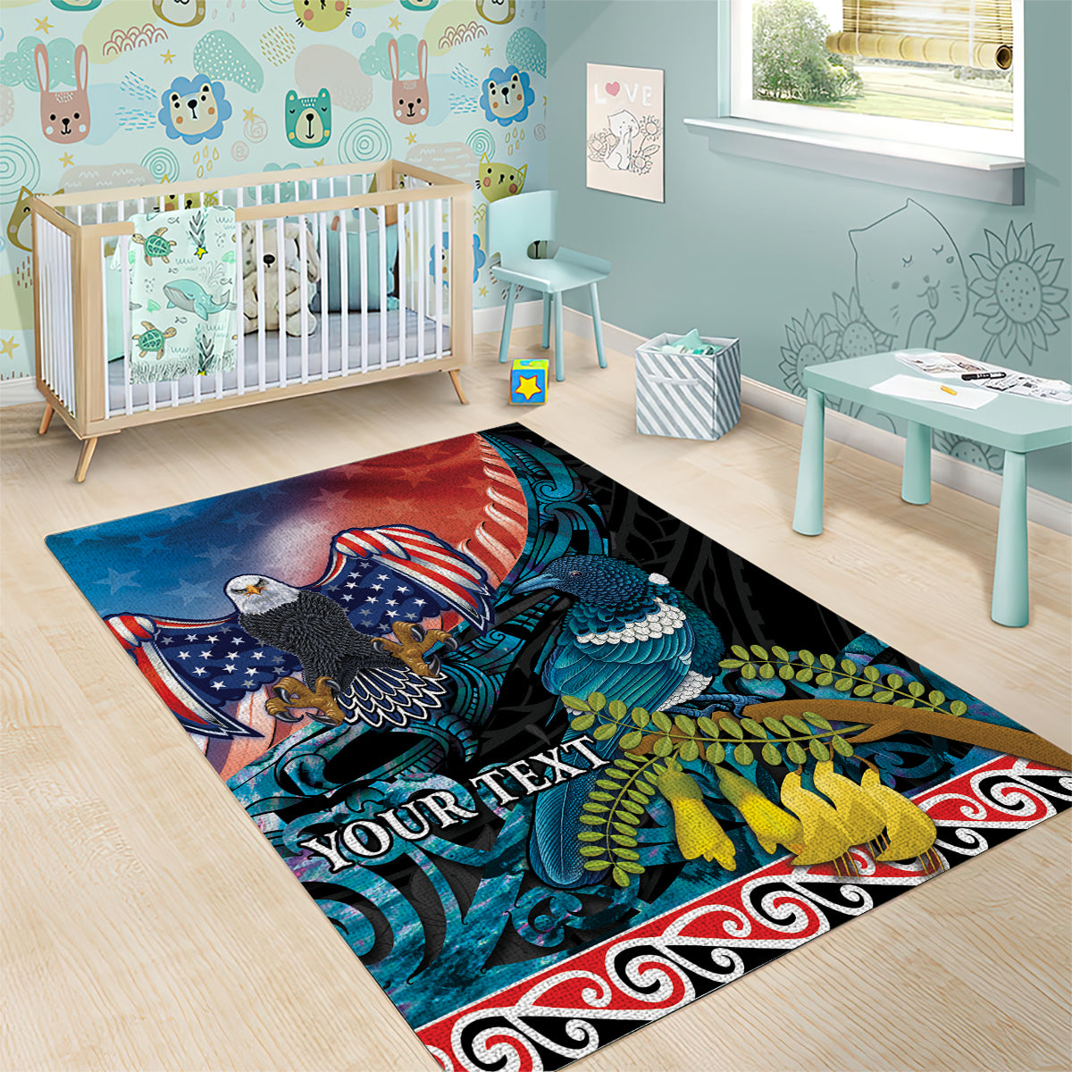 Personalised United States And New Zealand Area Rug USA Eagle With Kowhai Aotearoa Tui Bird LT14 - Polynesian Pride