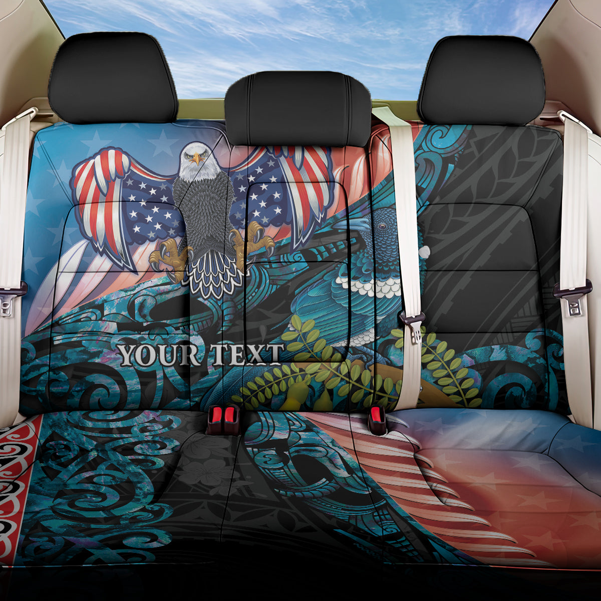 Personalised United States And New Zealand Back Car Seat Cover USA Eagle With Kowhai Aotearoa Tui Bird LT14 One Size Blue - Polynesian Pride