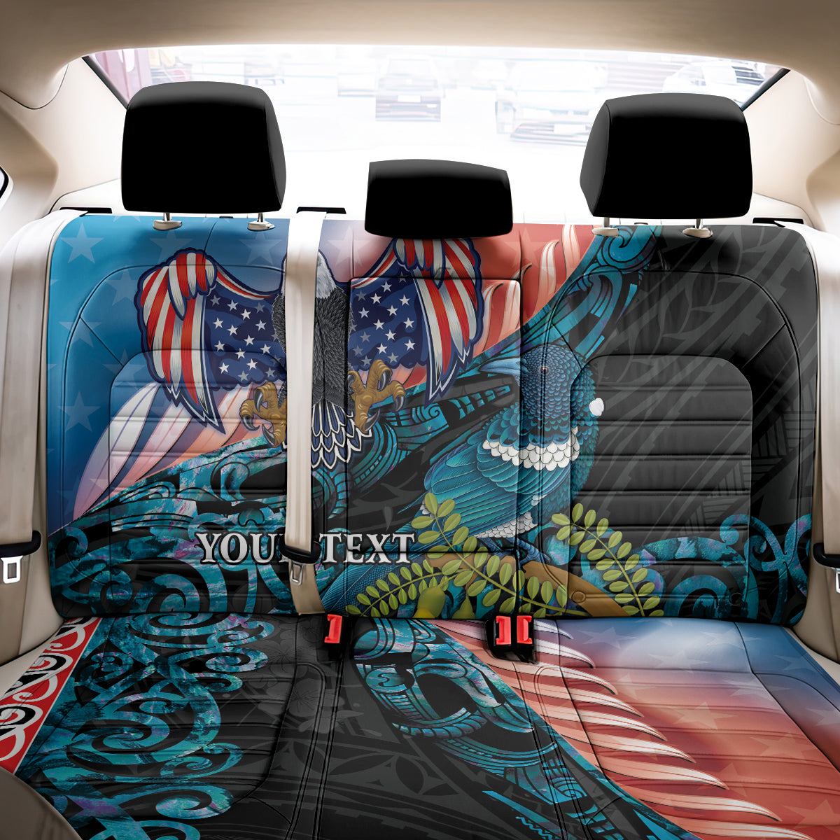 Personalised United States And New Zealand Back Car Seat Cover USA Eagle With Kowhai Aotearoa Tui Bird LT14 - Polynesian Pride