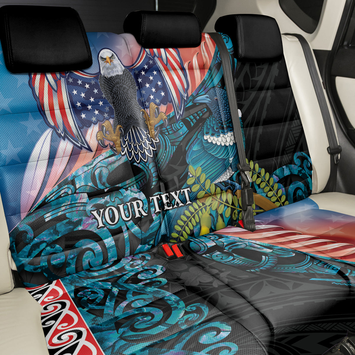 Personalised United States And New Zealand Back Car Seat Cover USA Eagle With Kowhai Aotearoa Tui Bird LT14 - Polynesian Pride