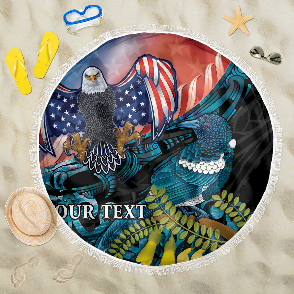 Personalised United States And New Zealand Beach Blanket USA Eagle With Kowhai Aotearoa Tui Bird LT14 One Size 150cm Blue - Polynesian Pride