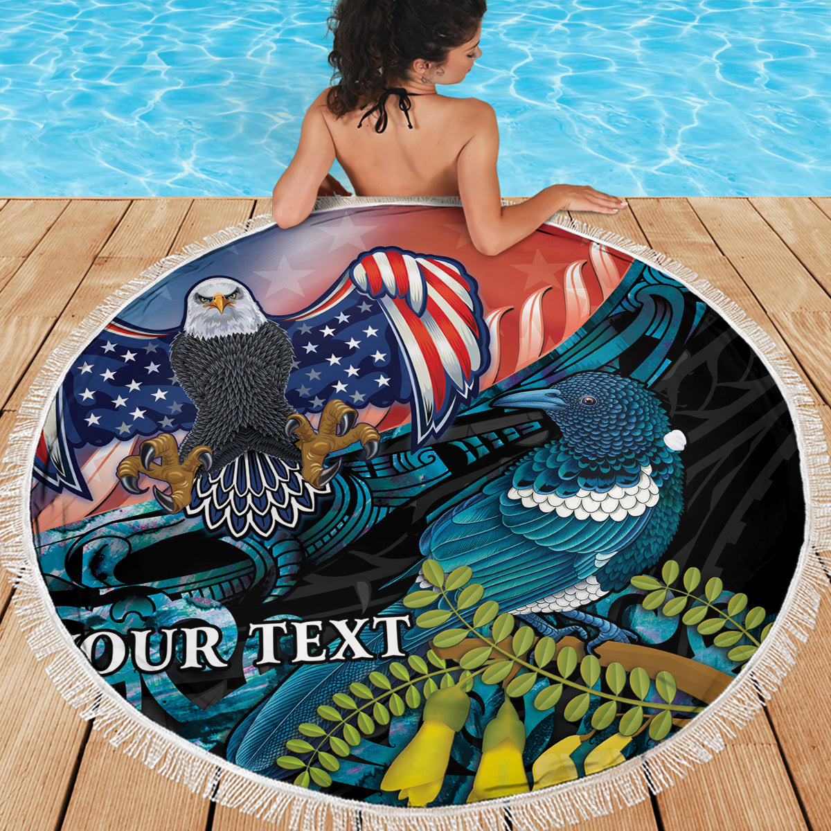 Personalised United States And New Zealand Beach Blanket USA Eagle With Kowhai Aotearoa Tui Bird LT14 - Polynesian Pride