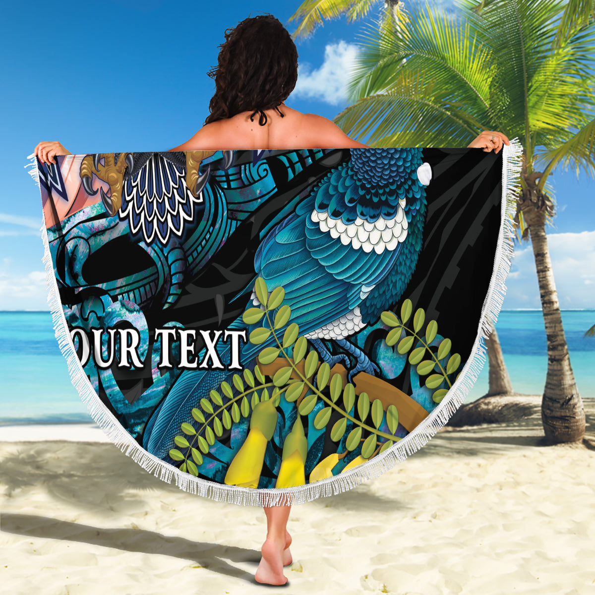 Personalised United States And New Zealand Beach Blanket USA Eagle With Kowhai Aotearoa Tui Bird LT14 - Polynesian Pride