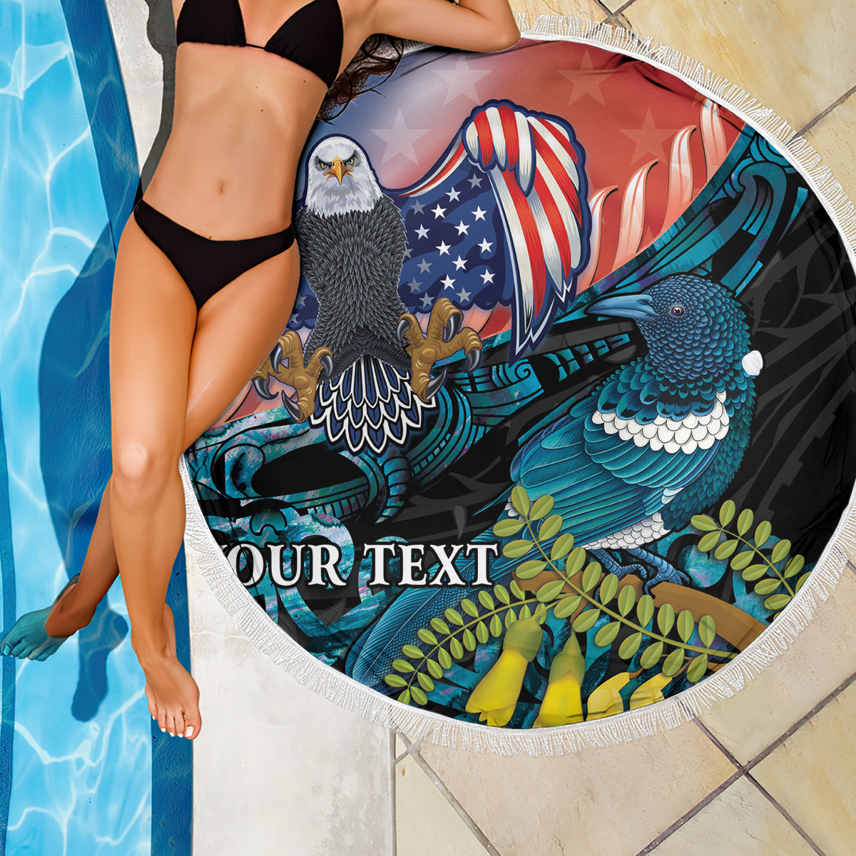 Personalised United States And New Zealand Beach Blanket USA Eagle With Kowhai Aotearoa Tui Bird LT14 - Polynesian Pride